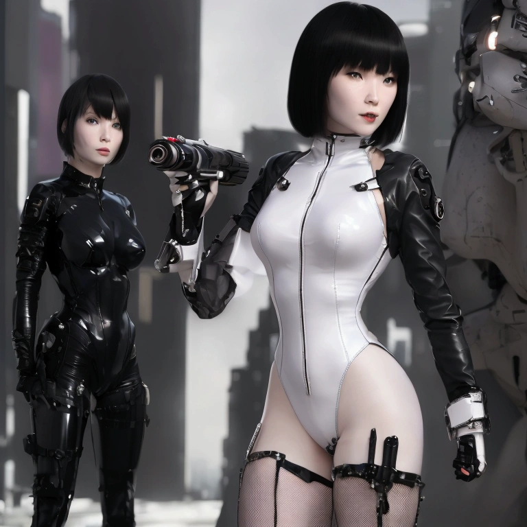 Beautiful woman in a white leotard from the future、Black Short Hair、bangs、stockings、High heel boots、Holds a gun from the future、Black leather jacket、ghost in the Shell、Motoko Kusanagi、City of the Future、