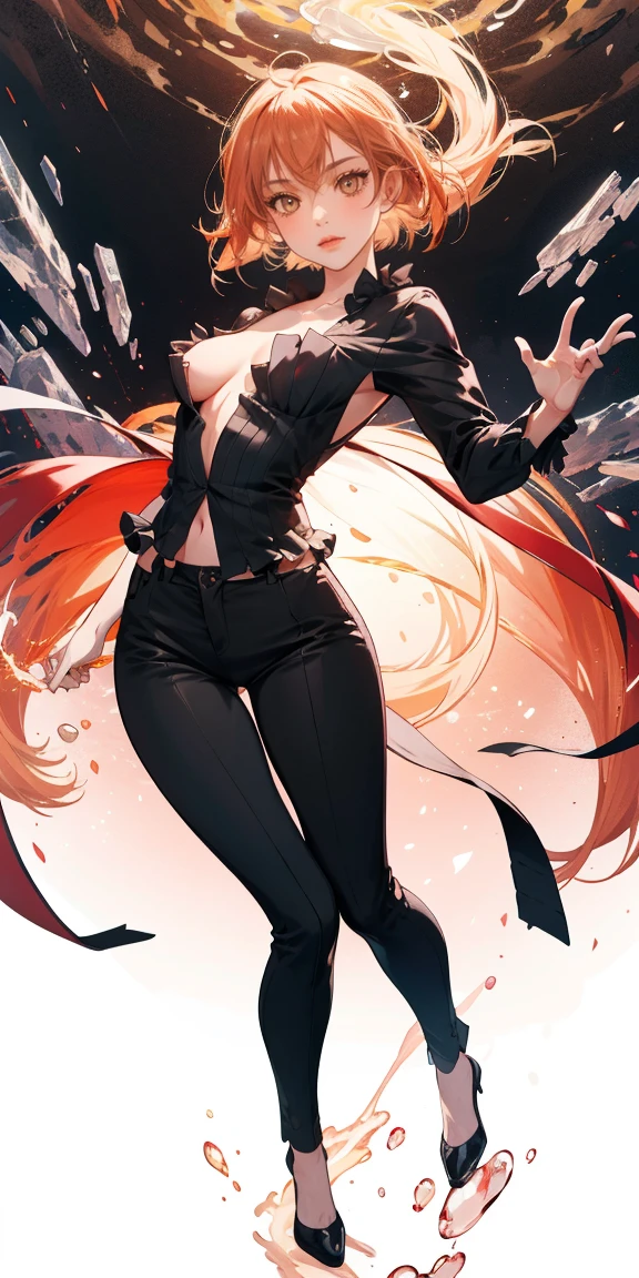 full-body close-up, create an elegant atmosphere), black pants, Black top, Orange short hair, graceful flowing, elegant movements, lustful smirking smile expression (red blush), floating in the air, (1girl), slim figure) Ice background 
