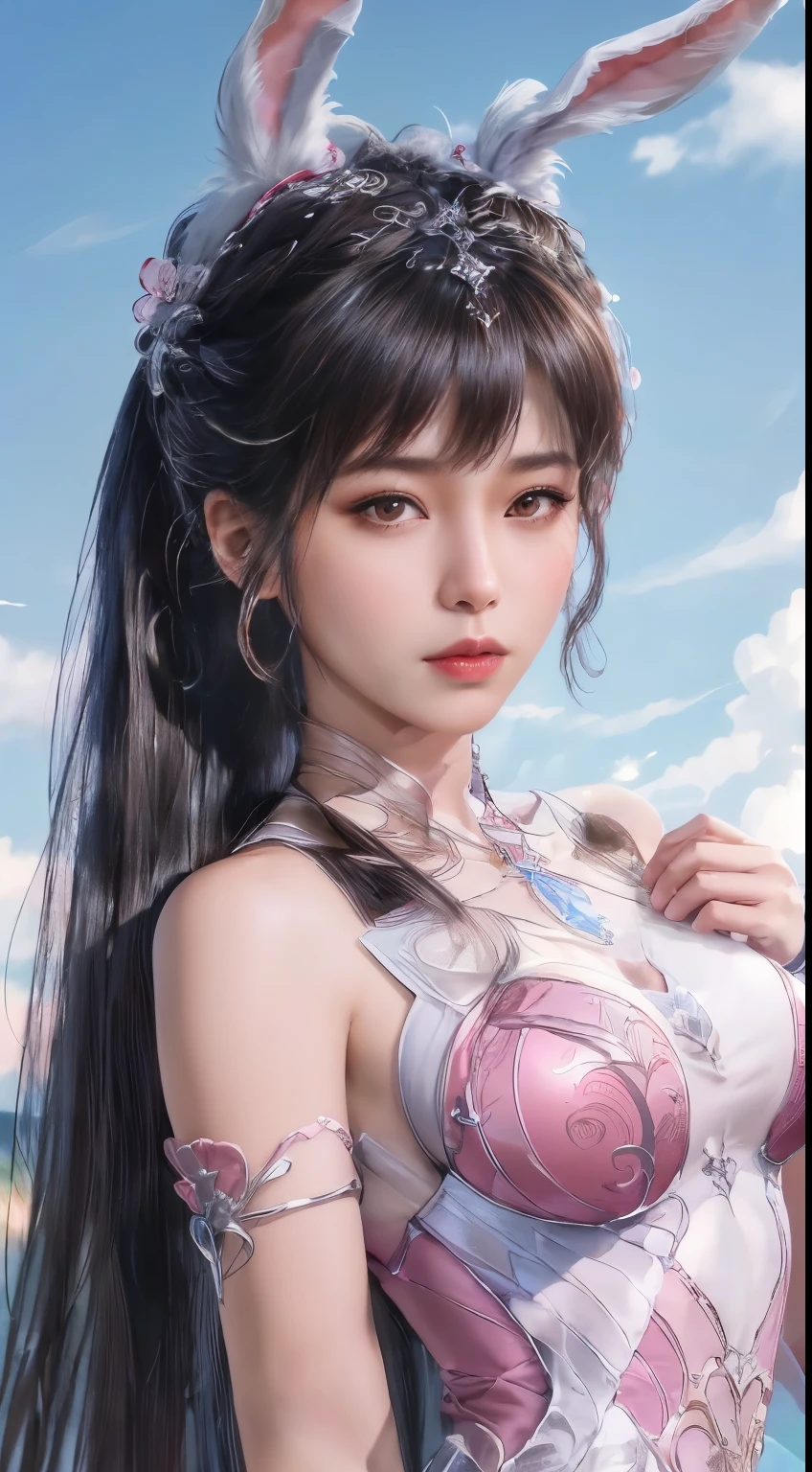 (1 Girl:1.3), Solitary, __body parts__, Official Art, Unity 8K wallpaper, Extremely detailed, beautiful and aesthetic, masterpiece, best quality, Raw, Ultra-detailed photos, best quality, Ultra-high resolution, Photorealism, Sunlight, Full body portrait, Stunning beauty, Delicate face, Vibrant eyes, (From the front), Delicate face, Gorgeous, Highly refined skin, Realistic skin details, Visible pores, Clear focus, Volumetric Fog, 8K Ultra HD, Digital SLR Camera, high quality, Film Grain, White skin, Photo Realism, Dark brown hair, Dark brown hair, breast, open eyes, Slit sleeves, Skinny, transparent, pink, skirt, transparent panties, pink, Twist Braid, Long braids, Jewelry, gold accessories, Gorgeous配饰, complicated, Delicate lips, Long hair, medium breast, outdoor, Tightly closed lips, petal, Peach Blossom, Rabbit ears, pink Rabbit ears, permanent, Dynamic poses, Upper Body