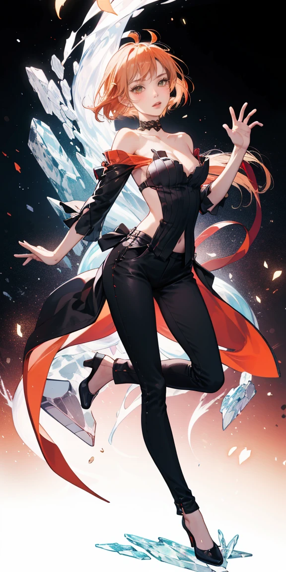 full-body close-up, create an elegant atmosphere), black pants, Black top, Orange short hair, graceful flowing, elegant movements, lustful smirking smile expression (red blush), floating in the air, (1girl), slim figure) Ice background 
