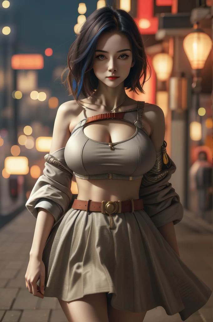 portraite, 1 girl, beautiful  face, asymmetrical hair, multicolored hair, waist belt, May, covered mouth, covered navel, detached sleeves, grey-eyed, hip ventilation, open jacket, cute, Look to viewer, nighttime city, neon, rainny,