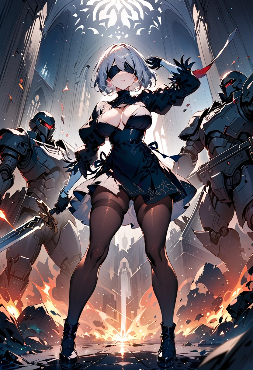 2B Nier Automata,masterpiece, 最high quality, High resolution,  Black clothes 、Torn black pantyhose、Dark church at night、Wear a miniskirt、Thin legs、Big Breasts、Slim figure、high quality　CG Tone、Gray Hair、Black blindfold、Short Bob、Surrounded by mechanical soldiers、Cutting a mechanical soldier with a sword、stylish、Japanese sword、damage、Coming under attack