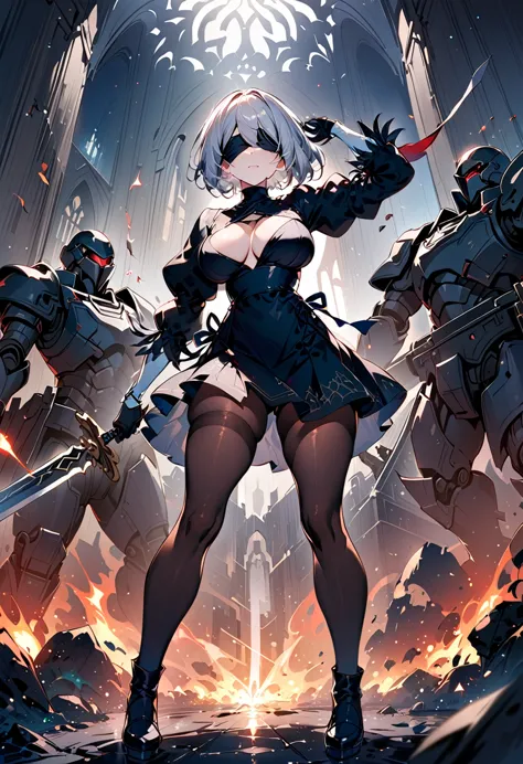 2B Nier Automata,masterpiece, 最high quality, High resolution,  Black clothes 、Torn black pantyhose、Dark church at night、Wear a m...