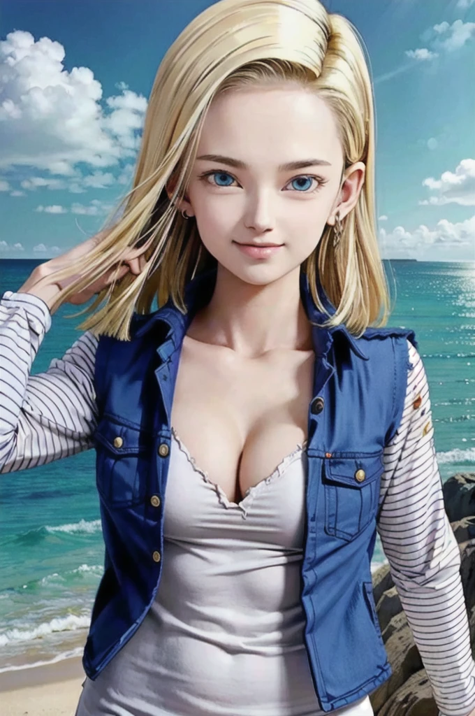 android 18,blonde hair, Long Straight hair, blue eyes, vest, black shirt, long sleeves, denim jacket, looking at viewer, smile Face, close up portrait, outside, beach, ocean, blue sky, high quality, masterpiece,  sexy body, perfect breasts, slightly torn shirt on the chest