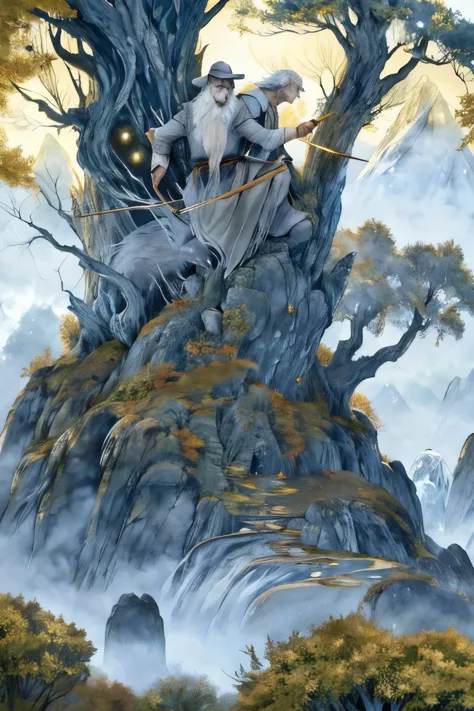 Gandalf the Grey with hat, 杖を持った魔Law使い, Fangorn Forest in the background, Fantasy art, Shadowverse Stephanie_Law_style, detailed...