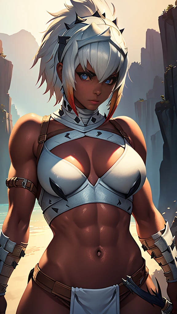 1girl, short white hair, tan skin, female barbarian with lancer, Hunter armor, muscular body, detailed eyes, detailed face, beautiful detailed lips, longeyelashes, epic fantasy rpg, highly detailed, 8k, masterpiece, vibrant colors, dramatic lighting, cinematic