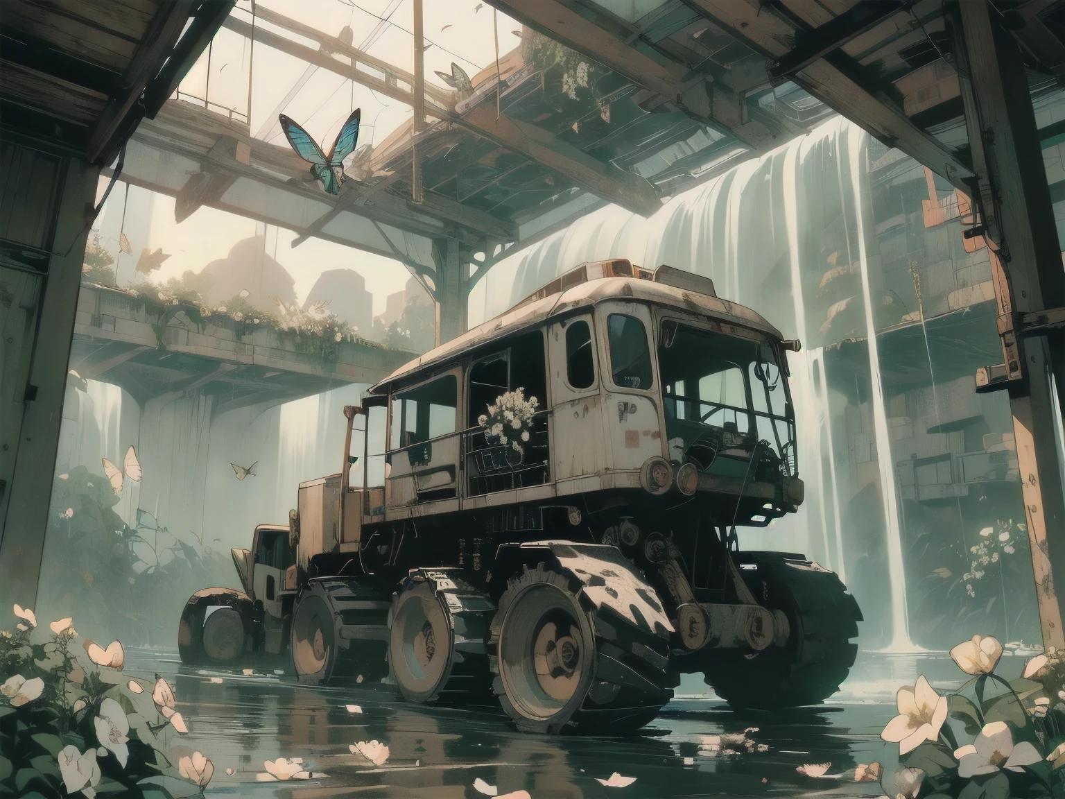 Detailed Machinery、Abandoned Factory、Atrium、(((White Flower Field)))、(((Rusty heavy equipment)))、Gorgeous light leaks、(((Sunset)))、fog、Detailed Background、Highest quality、(((No humans)))、Broken heavy machinery、Complex heavy machinery、Faint lighting、(((Fluttering white petals)))、sunset、(((Dull colors)))、(((Rusty detailed heavy machinery)))、(((Many white flowers fly)))、(((Heavy machinery covered in flowers)))、(((Lots of butterflies)))、(((Abandoned Garage)))、(((Submersion)))、(((waterfall from the ceiling)))