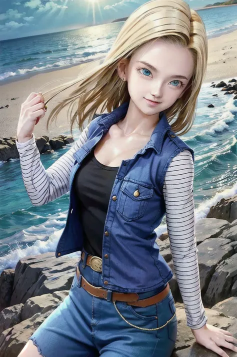 android 18,blonde hair, long straight hair, blue eyes, vest, black shirt, long sleeves, denim jacket, looking at viewer, smile f...