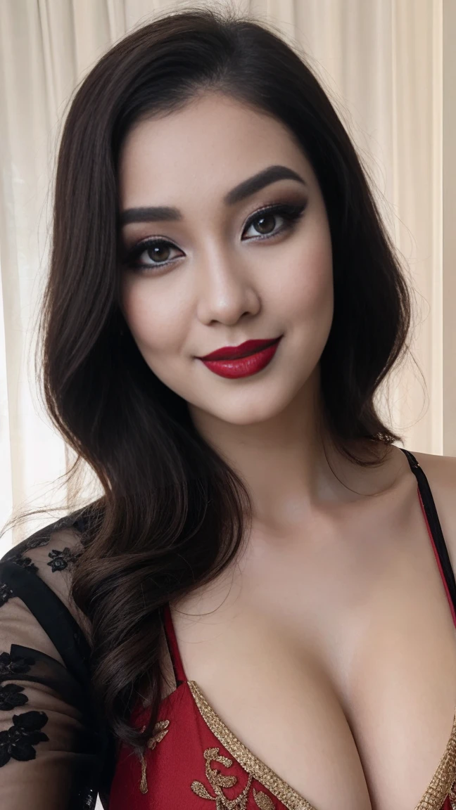 instagram photo, closeup face photo of 23 y.o Chloe in kebaya, Red Lipstick, sensual Lipstick, Sensational Make Up, cleavage, pale skin, (smile:0.4), hard shadows, black G-STRING, bright lighting 