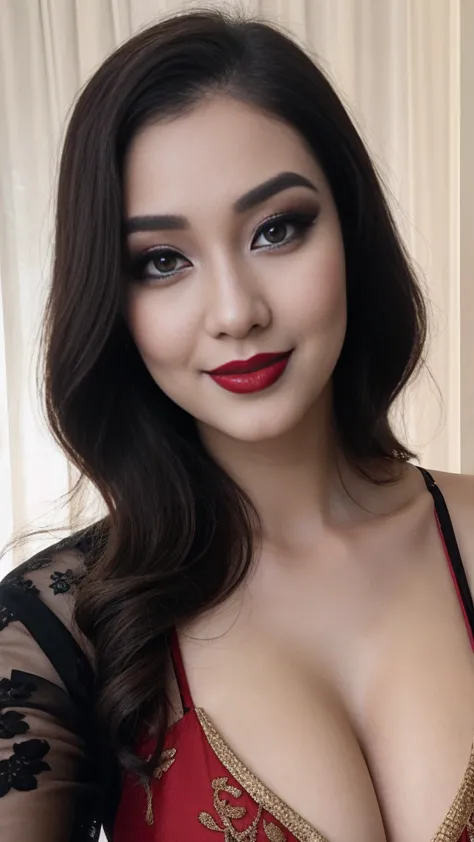 instagram photo, closeup face photo of 23 y.o Chloe in kebaya, Red Lipstick, sensual Lipstick, Sensational Make Up, cleavage, pa...
