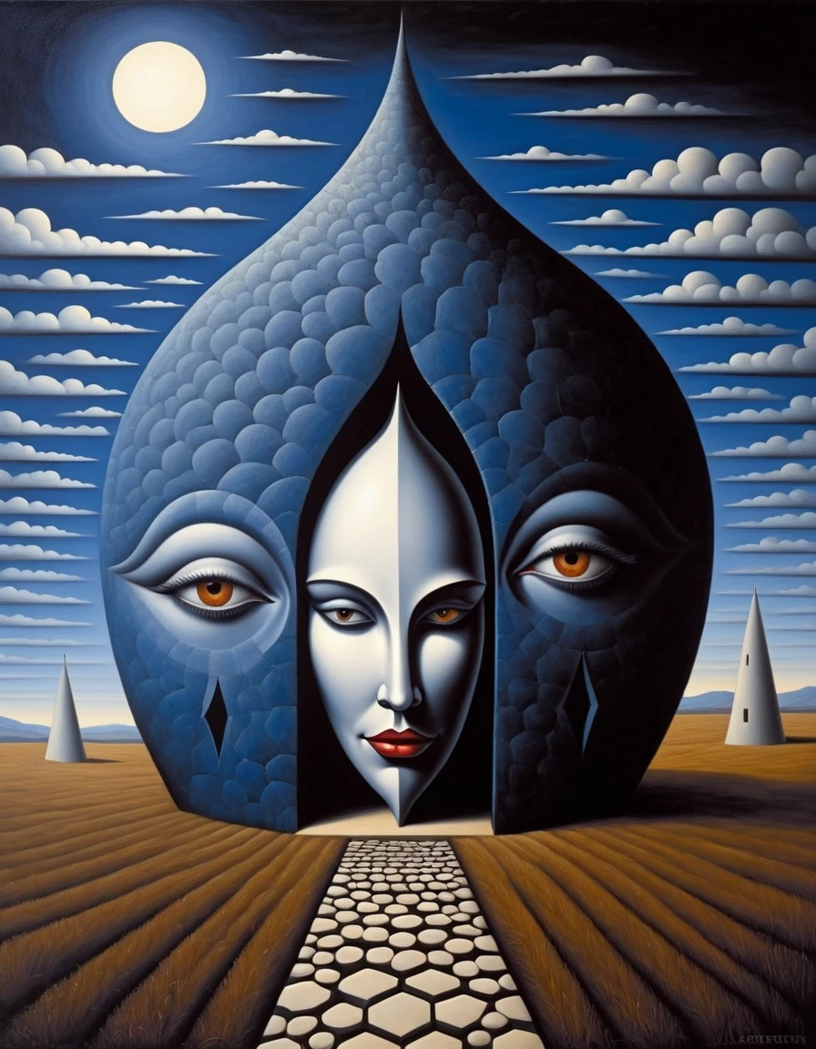 Cubist artwork in the style of rafal olbinski,rafal olbinski style, (art by Josef Capek:0.8) and (Alan Kenny:1.0) , painting, Fascinating ([Stargate|Barn]:1.3) , detailed with Western patterns, masterpiece, fauna and Beehive background, Realistic, Regret, Cybergoth Art, moody lighting, L USM, rafal olbinski, rafal olbinski art . Geometric shapes, abstract, innovative, revolutionary