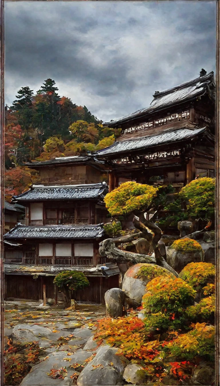 風景，高山，秋，植物，道教寺院，古代