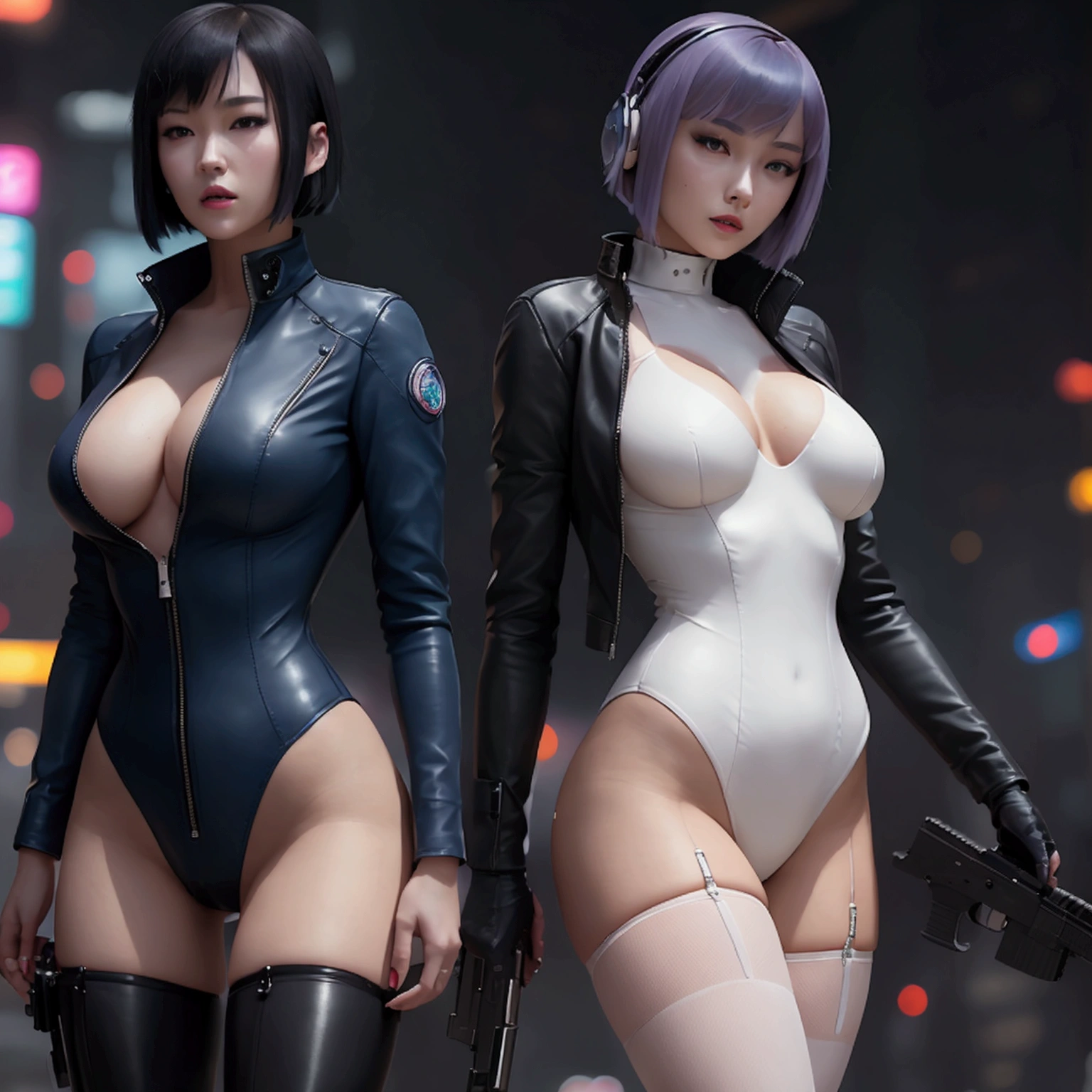 High resolution photo of a woman、Beautiful woman in a bare-chested white leotard、Dark blue bob hair、bangs、stockings、High heel boots、Holds a gun from the future、Black leather jacket、ghost in the Shell、Motoko Kusanagi、City of the Future、A belt around the waist that holds bullets and a pistol、