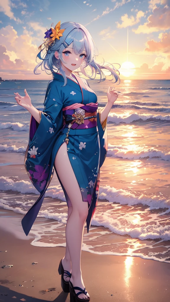 (8K, best quality, master piece: 1.2),super high resolution,1 girl, solo, full body ,ultra-detailed face, silme, Rainbow hair, thin hair clip, cyan colorshift eyes, expressive eyes, Ecstatic expression, Elegant kimono, silk, satin, red, gold, fan, Kanzashi hair ornament, Beach at sunset, orange, pink, purple, bright but with sunset shadows