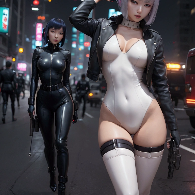 High resolution photo of a woman、Beautiful woman in a bare-chested white leotard、Dark blue bob hair、bangs、stockings、High heel boots、Holds a gun from the future、Black leather jacket、ghost in the Shell、Motoko Kusanagi、City of the Future、Wear a belt around your waist that holds bullets and a pistol、Army style、