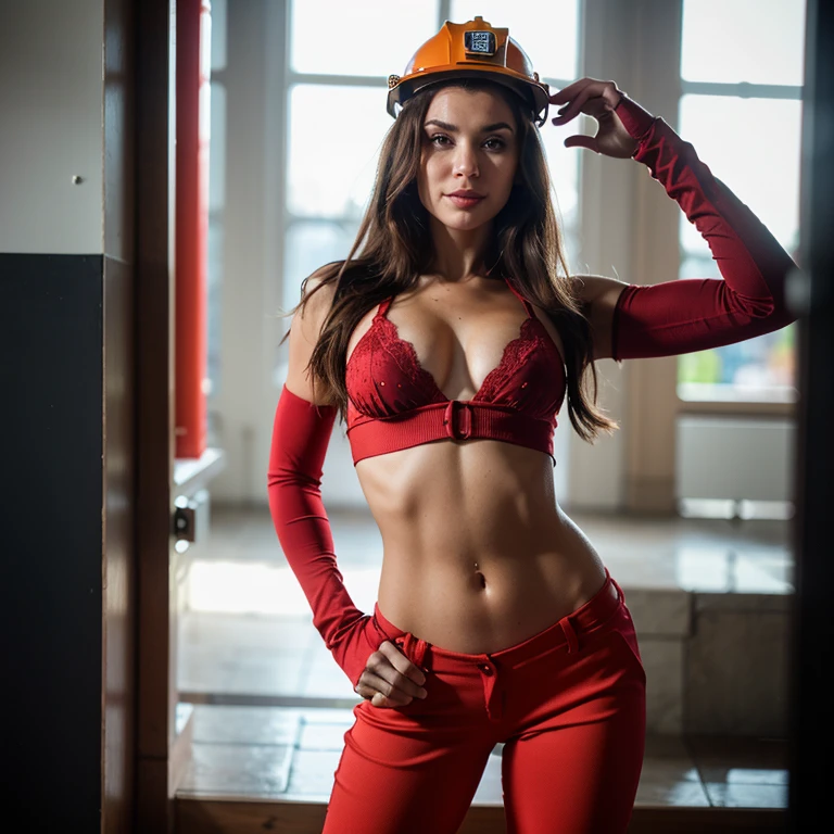 a young girl with a slender body, healthy body, joyful expression and body confidence, wearing a sensual firefighter costume consisting of a short red top, fitted red pants or skirt, suspenders, firefighter helmet, high boots and gloves. Accessories like hose and firefighter badges posing for a photo in a sensual photo shoot , beautiful detailed eyes , beautiful detailed lips, extremely detailed eye and face, long eyelashes, athletic physique, sexy body natural lighting, dynamic and sensual pose, clean background, vibrant and vibrant colors, cinematic lighting, (best qualityer, 4K, 8k, high resolution, artwork: 1,2), ultra detaild, (realisitic, fotorrealisitic, fotorrealisitic: 1,37), fashion clothes 2024, chic, dynamic, mighty