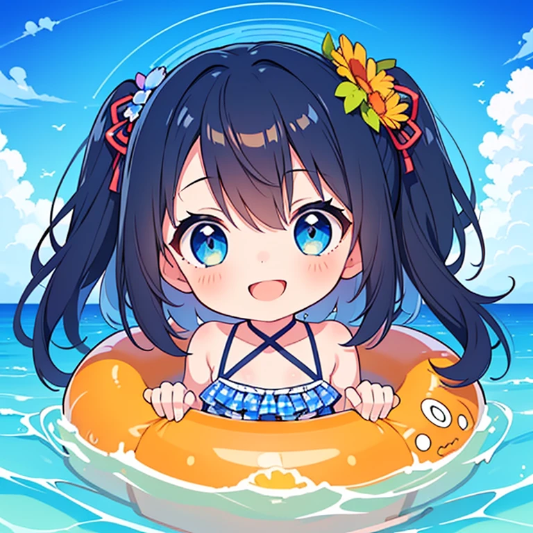 ((Highest quality)), ((masterpiece)), (detailed), Perfect Face, Perfect Arms, Perfect hands, Perfect Fingers, anime, Ultra-fine illustration, ((One girl)), chibi, cute, Blue Eyes, Black medium hair, hair ornaments, {(Orange gingham check), (Tankini Swimsuit)}, Ocean, (Ride on a floating ring), summer, sunny, sun, Outdoor, (Smile:1.3), Cowboy Shot,