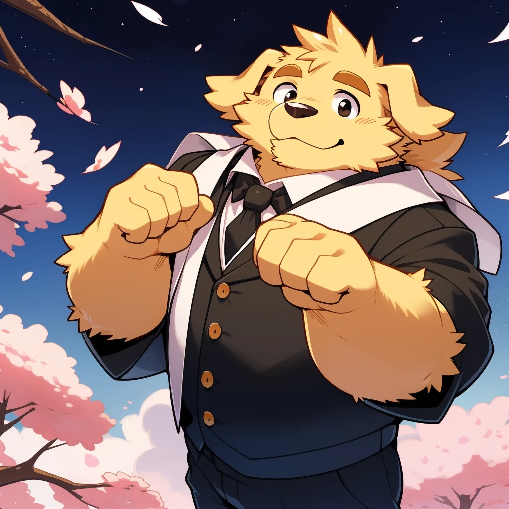 Scribble Golden Retriever face,Humanity(Golden Retriever),(Formal wear:1.3),Chubby,(Brown eyebrows:1.1),(Perfect black eyes),Cherry blossoms,Golden fur，Night Sky，（artist:Takemoto Arashi）