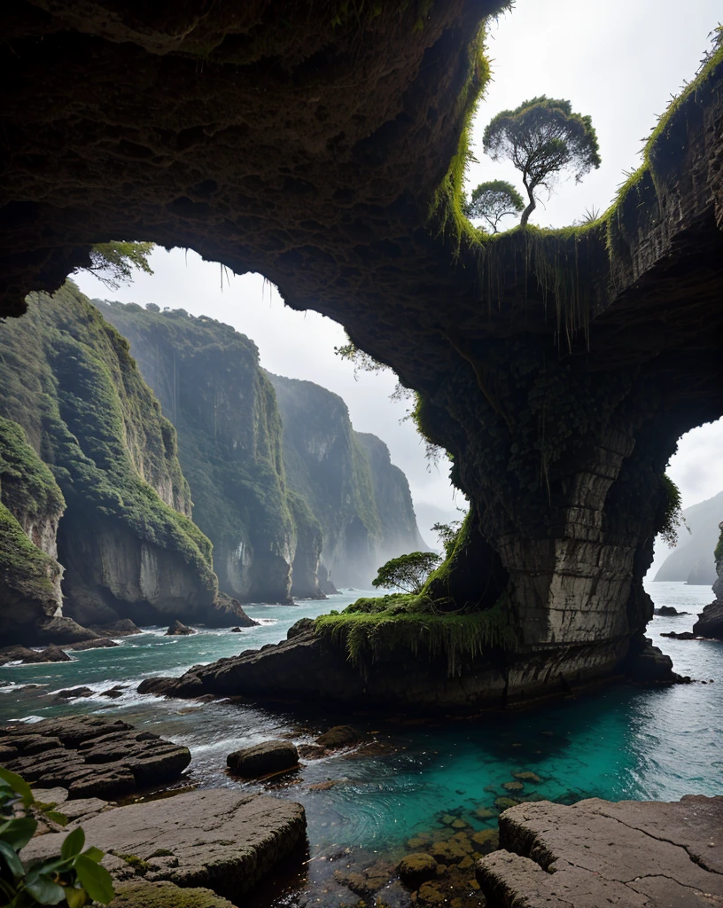 a mysterious tropical island, lush green jungle, misty atmosphere, ancient ruins, crumbling stone structures, overgrown with vines, shafts of sunlight filtering through the canopy, weathered and mossy, mysterious ancient symbols, glowing crystals embedded in the rocks, gnarled and twisted tree roots, hidden underwater caves, bioluminescent plankton in the ocean, dramatic cliffs and coves, dramatic lighting, cinematic composition, moody and atmospheric, vibrant colors, photorealistic, ultra-detailed, masterpiece