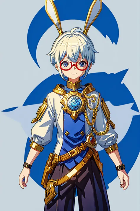 a boy with striking white hair、the bunny ears are very big、golden armor、siamese、smile、mechanical blue glasses and clothing、cente...