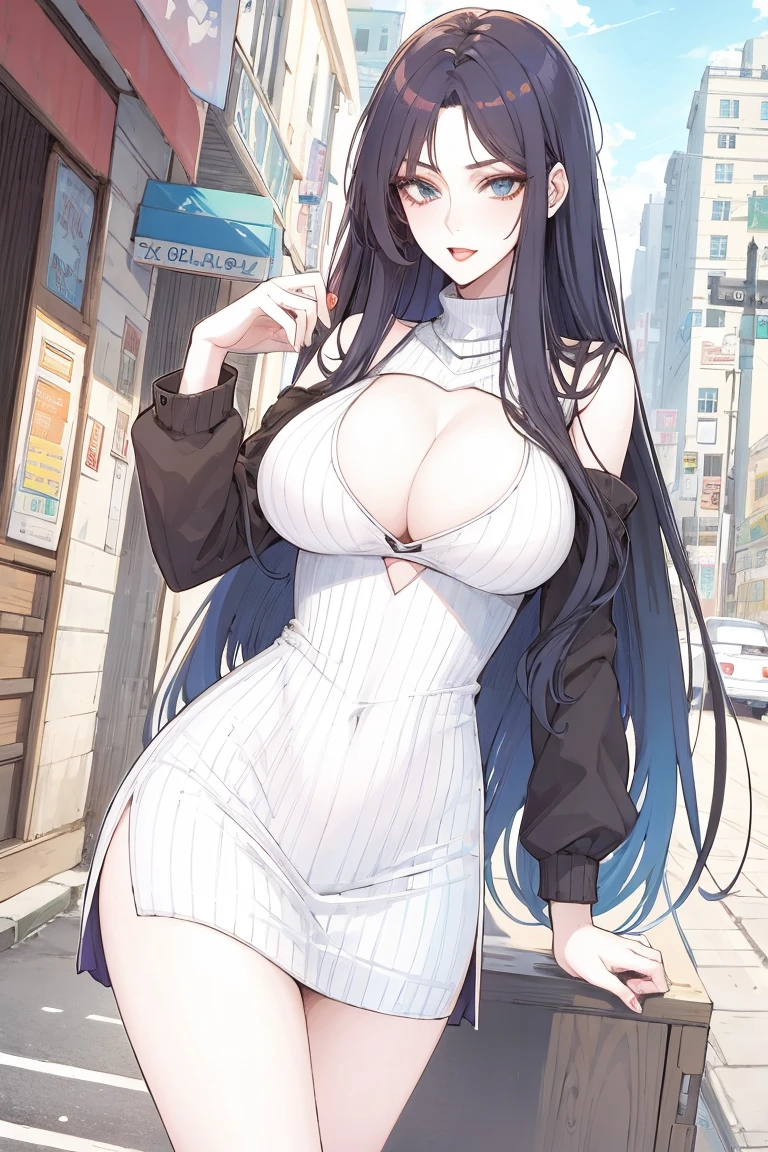 (masterpiece, best quality:1.2), 1 Girl, Solitary,Mature_Miss,Black long hair, sweater,on the street