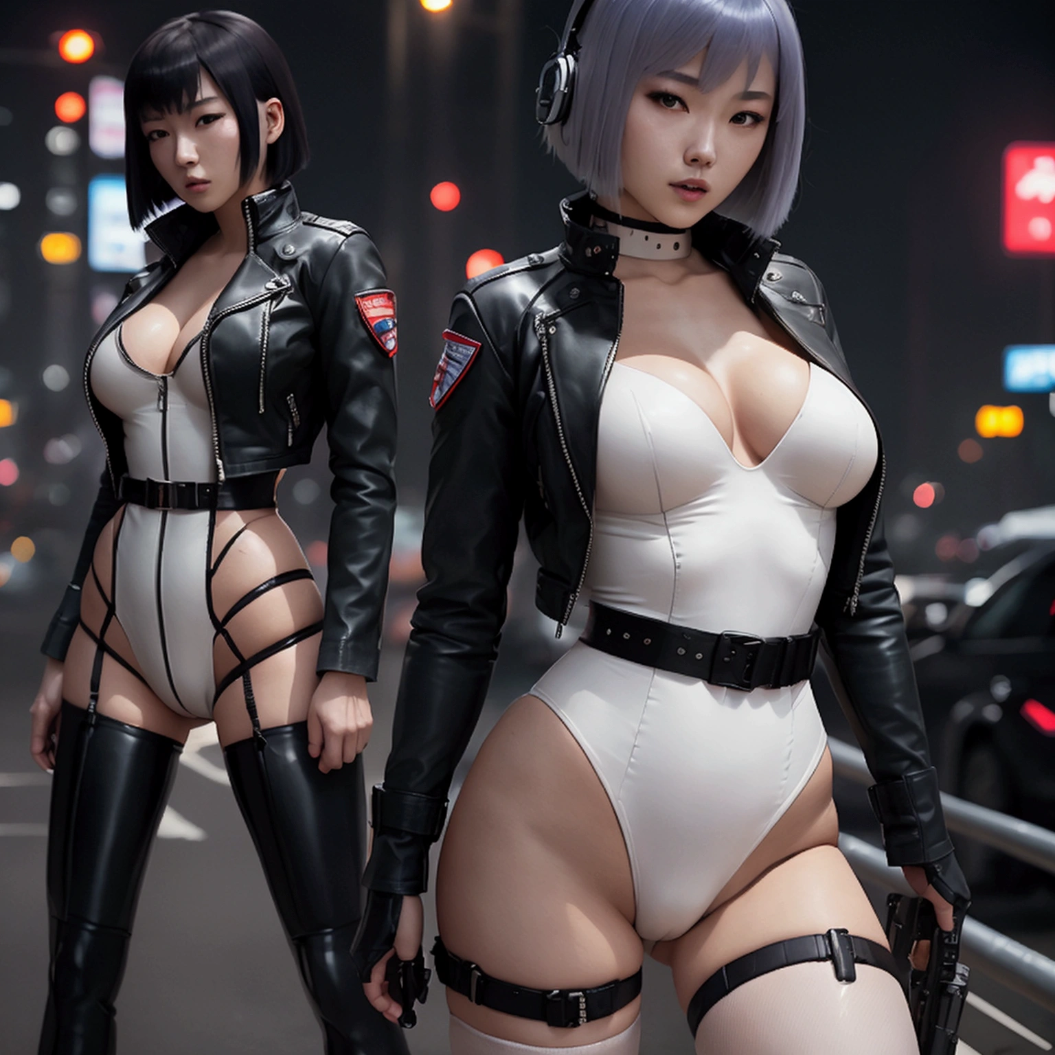 High resolution photo of a woman、Beautiful woman in a bare-chested white leotard、Dark blue bob hair、bangs、stockings、High heel boots、Holds a gun from the future、Black leather jacket、Army Jacket、ghost in the Shell、Motoko Kusanagi、City of the Future、Wear a belt around your waist、Belt with bullets、Future Soldier、