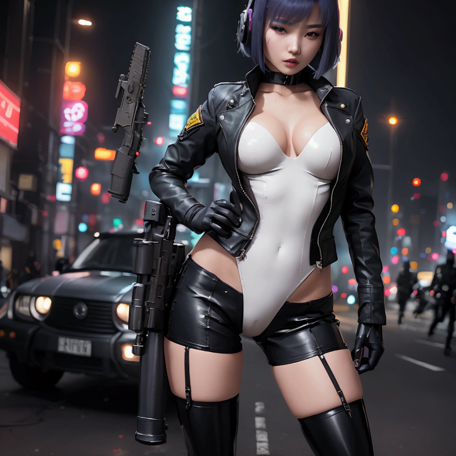 High resolution photo of a woman、Beautiful woman in a bare-chested white leotard、Dark blue bob hair、bangs、stockings、High heel boots、Holds a gun from the future、Black leather jacket、Army Jacket、ghost in the Shell、Motoko Kusanagi、City of the Future、Wear a belt around your waist、Belt with bullets、Future Soldier、