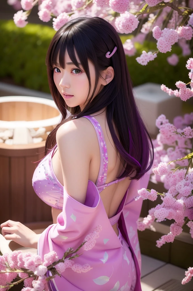 This image is、Featuring ultra-realistic, live-action Japanese beauties。The background is dotted with magical lights.、Pink and purple light、Floating transparent bubbles floating around。The beautiful girl&#39;s costume is a light pink dress.、It features a relaxed design。The pose is looking back、Showing a natural look。As a photographic technique、Use soft focus、Emphasizing the fantastical atmosphere。By skillfully using the placement of lights and the reflection of light,、The beautiful girl&#39;s contours and facial expressions are photographed in a way that makes them stand out softly.。The composition on a vertical screen、The light balance between the subject and the background is well captured.。