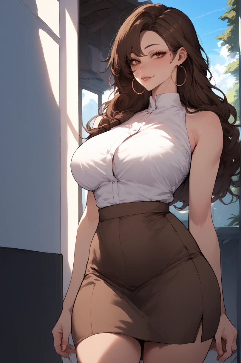 Fraction_9, Fraction_8_up, Fraction_7_up, Dozens of laughs, Brown eyes, Brown hair, Long hair, Large Breasts, Hoop Earrings, White shirt, sleeveless, Brown Skirt,