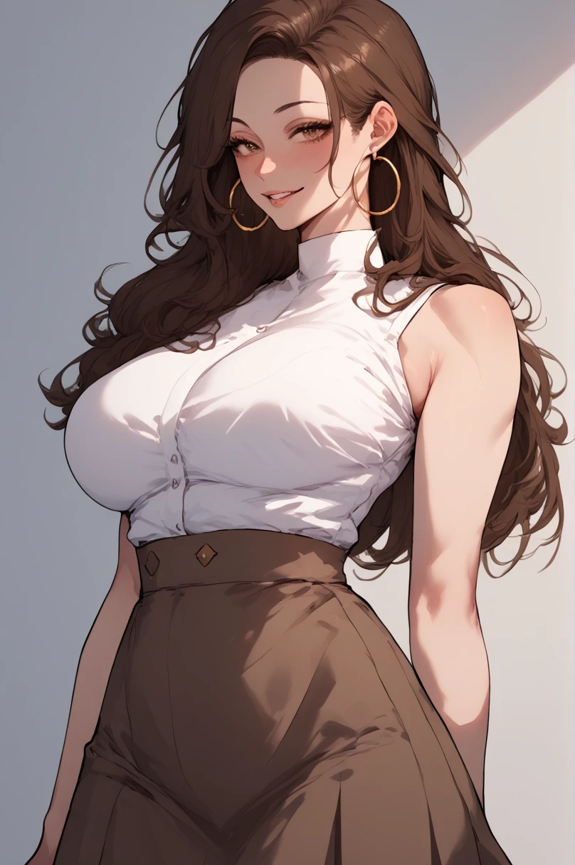 Fraction_9, Fraction_8_up, Fraction_7_up, Dozens of laughs, Brown eyes, Brown hair, Long hair, Large Breasts, Hoop Earrings, White shirt, sleeveless, Brown Skirt,