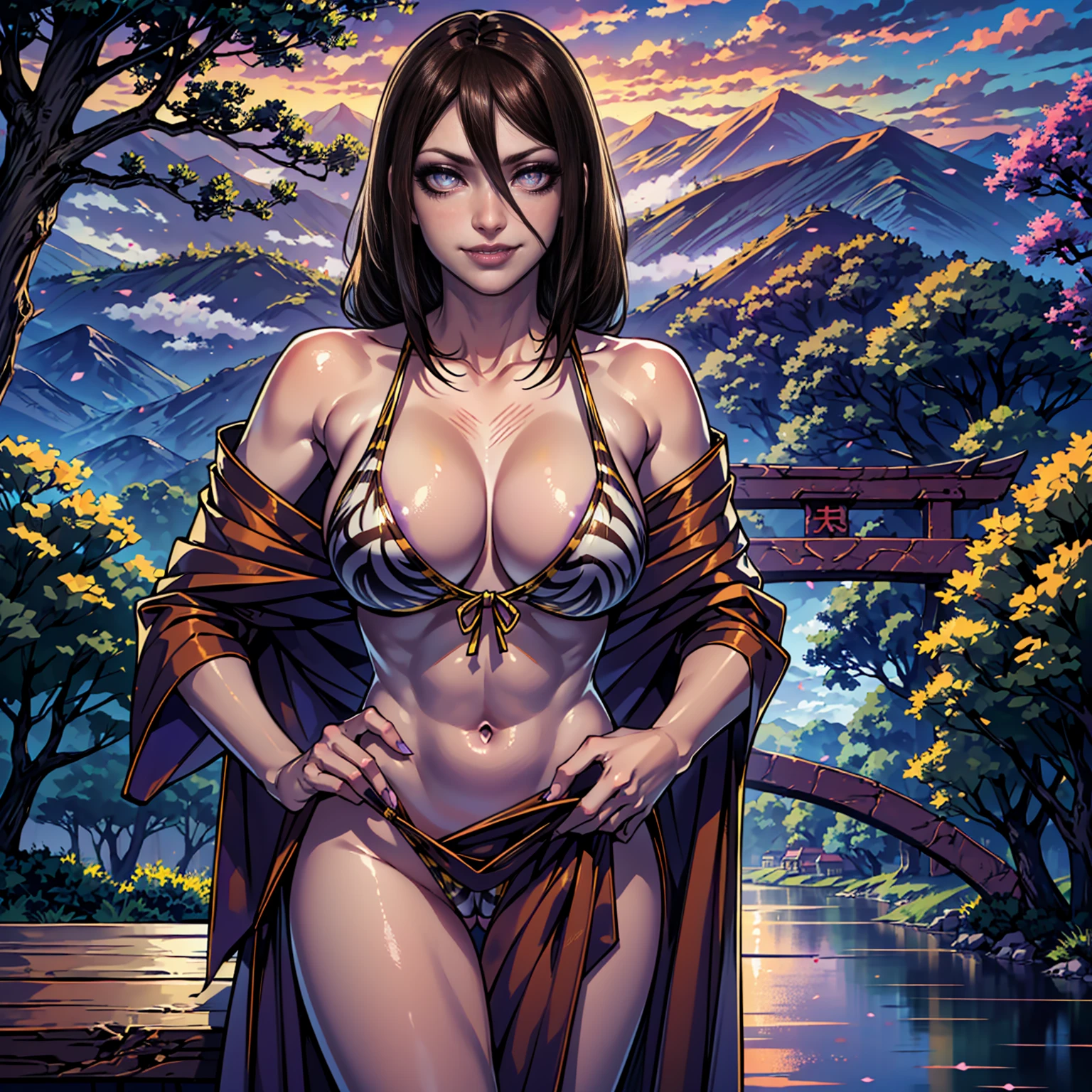 (((solo,1woman, mature, alone))), hyuuga hanabi, ((brown hair, hair between eyes, long hair, glowing purple eyes, wide eyes, lipstick, makeup, narrow waist, skinny, medium breasts)), pelvic curtain, ((yellow bikini)), full body, perfect body, (insanely detailed, beautiful detailed face, masterpiece, best quality), (extremely detailed 8k paper CG wall unit: 1.1), (konohavillage, konoha gate walls, river, lake, tree, mountain, flower, at dawn, zebra cross, cloudy sky, cloud, fog, dusk), (smile face for the viewer), cameltoe view, cameltoe, View from above, Diagonal view