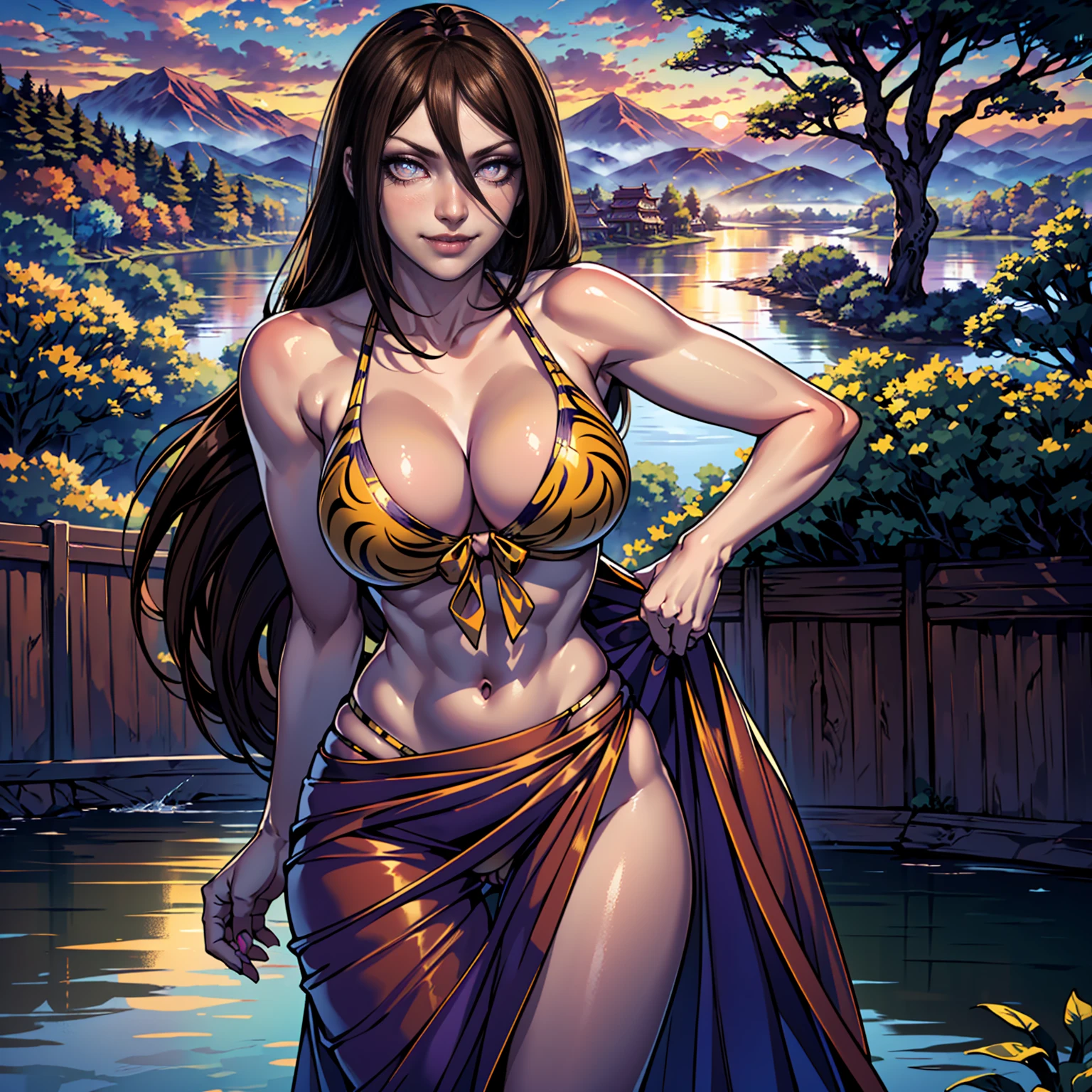 (((solo,1woman, mature, alone))), hyuuga hanabi, ((brown hair, hair between eyes, long hair, glowing purple eyes, wide eyes, lipstick, makeup, narrow waist, skinny, medium breasts)), pelvic curtain, ((yellow bikini)), full body, perfect body, (insanely detailed, beautiful detailed face, masterpiece, best quality), (extremely detailed 8k paper CG wall unit: 1.1), (konohavillage, konoha gate walls, river, lake, tree, mountain, flower, at dawn, zebra cross, cloudy sky, cloud, fog, dusk), (smile face for the viewer), cameltoe view, cameltoe, View from above, Diagonal view