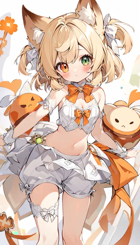 the fox girl,1girl,short hair, the hairstyle is like klee's,animal ears, bangs, bare shoulders, blonde hair, blush, bow, breasts...