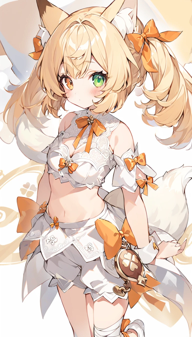 The fox girl,1girl,short hair, The hairstyle is like Klee's,animal ears, bangs, bare shoulders, blonde hair, blush, bow, breasts, white cleavage, cropped torso, , green eyes, hair ribbon, heterochromia, , looking at viewer, , orange bow, orange eyes, orange ribbon,  ribbon, solo, stuffed animal, , , twintails, upper body, full-length, white legbands, white shoes with lace and white bows, white background, wrist cuffs, yellow eyes, bloomers, close-up, fair skin frills, lace, midriff, skirt, solo, , white background,shorts, white top with ribbon and lace and trousers,trousers, genshin,white slippers with a bow,All clothes are white, laceAt full height, it stands,bandaged hands, short hair , ankle lace-up, ankle ribbon, bow, leg ribbon, lineart, , shoes, , standing, , white bow, white footwear,