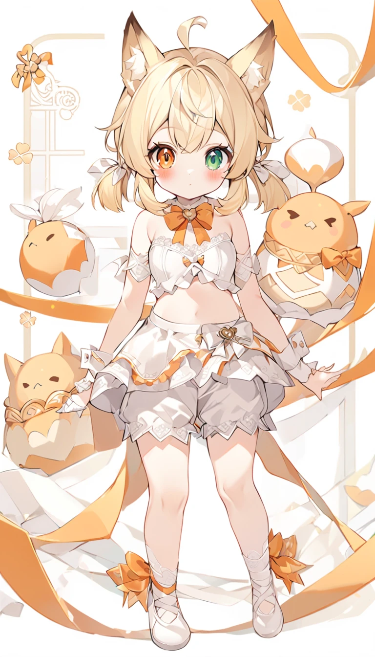 The fox girl,1girl,short hair, The hairstyle is like Klee's,animal ears, bangs, bare shoulders, blonde hair, blush, bow, breasts, white cleavage, cropped torso, , green eyes, hair ribbon, heterochromia, , looking at viewer, , orange bow, orange eyes, orange ribbon,  ribbon, solo, stuffed animal, , , twintails, upper body, full-length, white legbands, white shoes with lace and white bows, white background, wrist cuffs, yellow eyes, bloomers, close-up, fair skin frills, lace, midriff, skirt, solo, , white background,shorts, white top with ribbon and lace and trousers,trousers, genshin,white slippers with a bow,All clothes are white, laceAt full height, it stands,bandaged hands, short hair , ankle lace-up, ankle ribbon, bow, leg ribbon, lineart, , shoes, , standing, , white bow, white footwear,