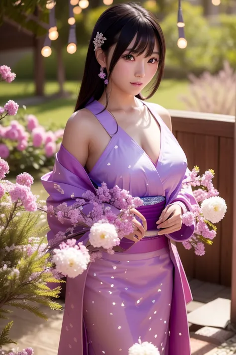 this image is、featuring ultra-realistic, live-action japanese beauties。the background is dotted with magical lights.、pink and pu...