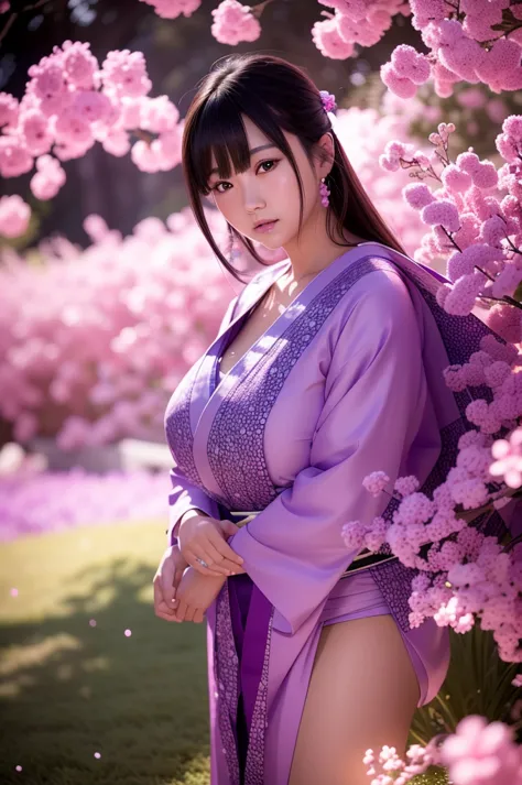 this image is、featuring ultra-realistic, live-action japanese beauties。the background is dotted with magical lights.、pink and pu...