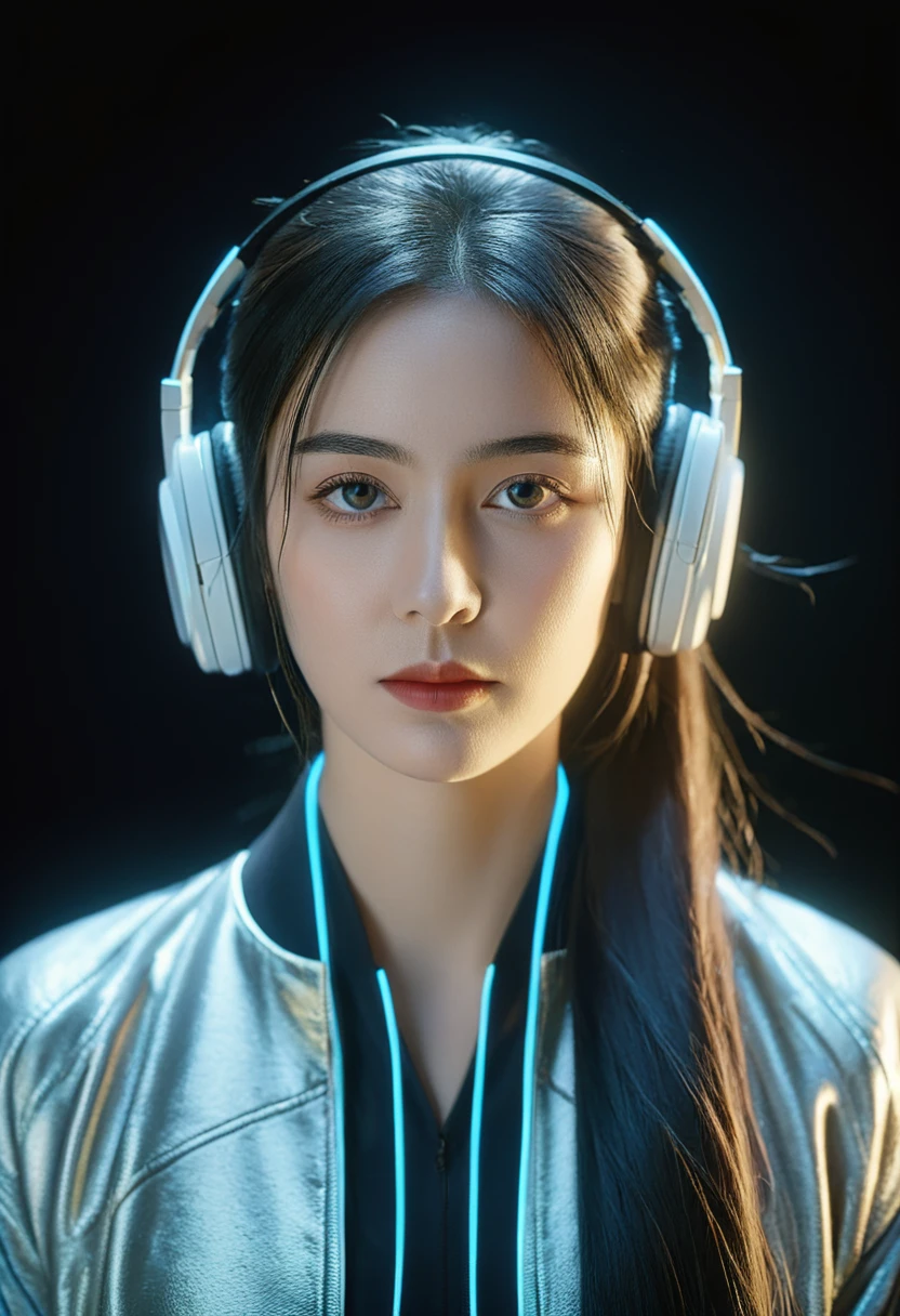 A beautiful woman wearing headphones and concentrating on music. Fantastic photo. Dark background. She is facing forward.４K