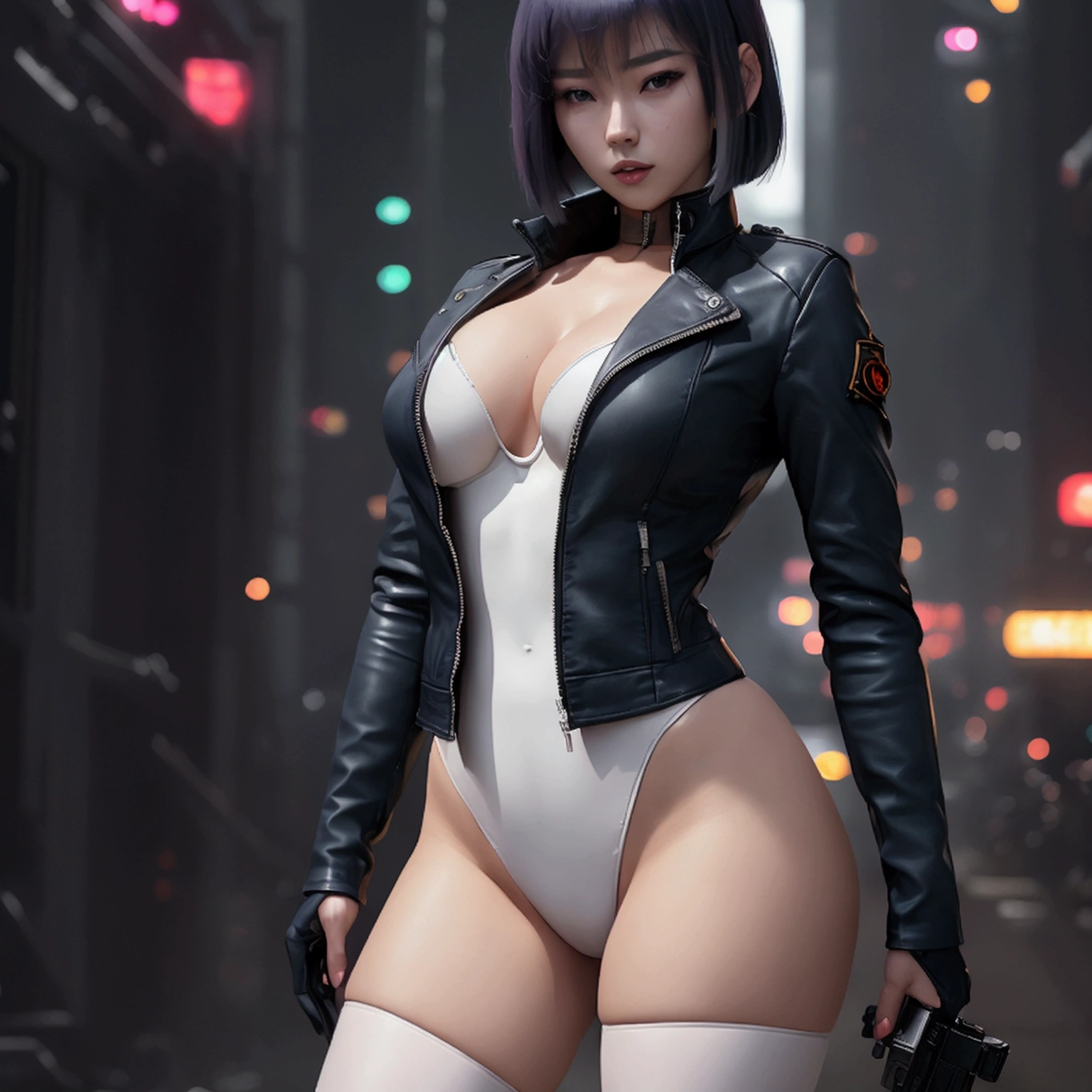 High resolution photo of a woman、Beautiful woman in a bare-chested white leotard、Dark blue bob hair、bangs、stockings、High heel boots、Holds a gun from the future、Black leather jacket、Army Jacket、ghost in the Shell、Motoko Kusanagi、City of the Future、Wear a belt around your waist、Belt with bullets、Future Soldier、Full body image、