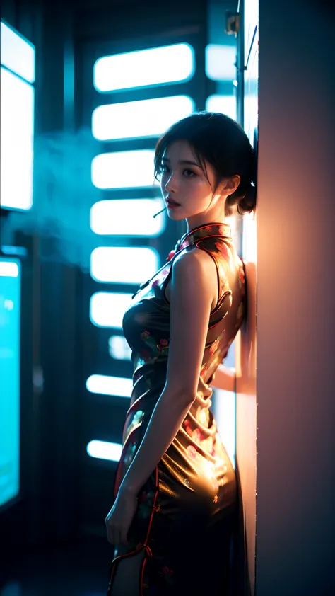 最好的quality，masterpiece，16k，a girl，wearing cheongsam，leaning against the wall，quality，smokes，neon，high light-dark contrast，night