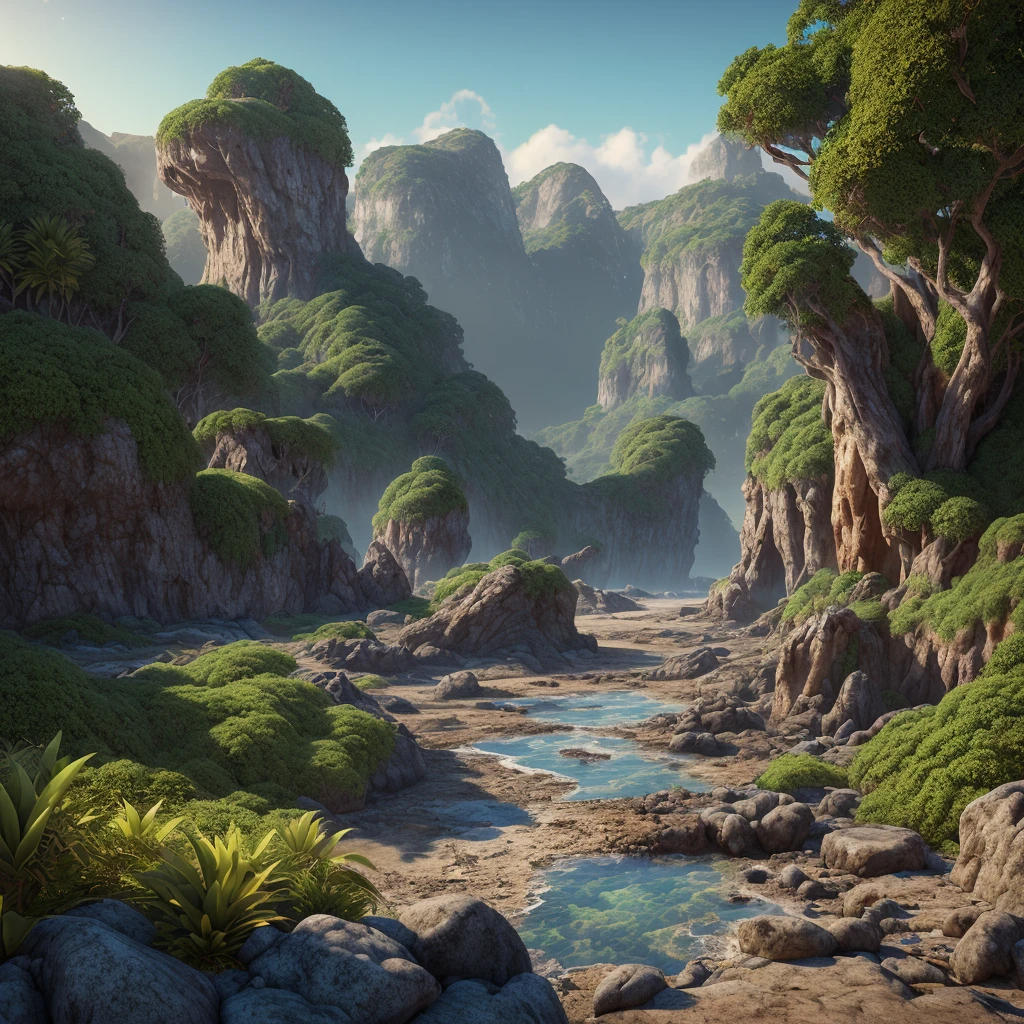 a mysterious island, lush tropical foliage, rocky cliffs, crashing waves, ancient ruins, glowing bioluminescent mushrooms, shimmering mist, moody lighting, dramatic shadows, vibrant colors, intricate details, (best quality,4k,8k,highres,masterpiece:1.2),ultra-detailed,(realistic,photorealistic,photo-realistic:1.37)