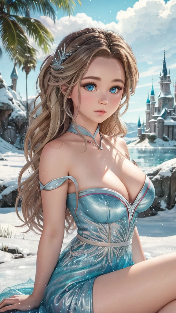 gros plan de (Brec Bassinger) comme Elsa de Frozen, assise comme une dame sous un arbre sur la glace et regardant le ciel, beaucoup de détails, Beau, Elsa de Frozen, Haute qualité, photo-réaliste, rendu d&#39;octane, Moteur irréel, Ultra réaliste, (château de glace en arrière-plan), (Gros seins)