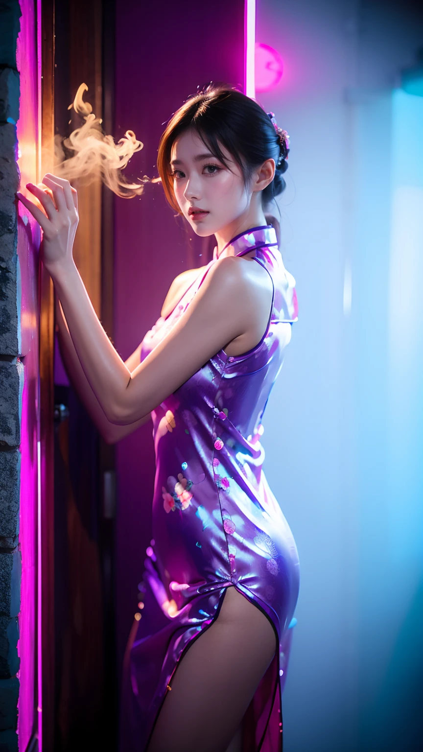 最好的quality，masterpiece，16K，A girl，Wearing a purple cheongsam，Leaning against the wall，quality，smokes，neon，High light-dark contrast，Night?，Very detailed，Ultra-clear