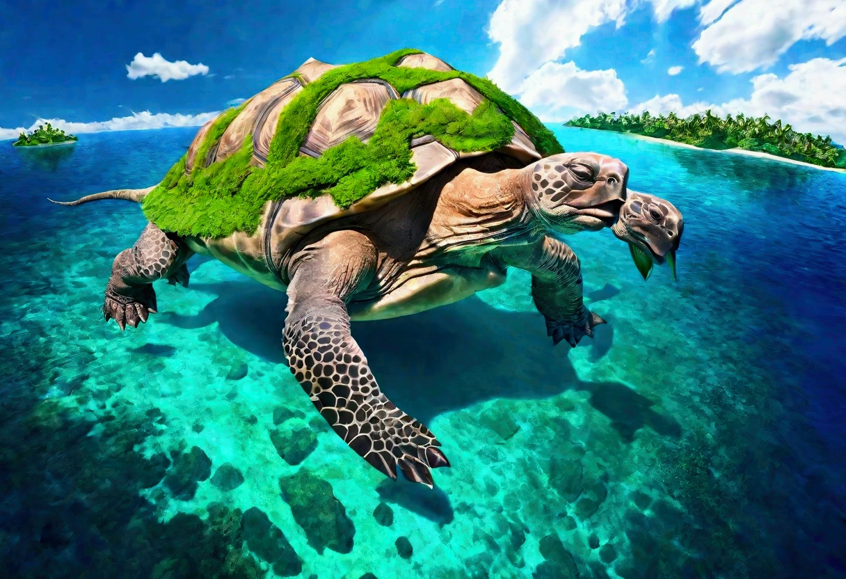 a giant tortoise swimming peacefully in a calm, tropical ocean, with a lush, verdant island resting atop its back, (best quality, 8k, highres, masterpiece:1.2), ultra-detailed, photorealistic, vibrant colors, dramatic lighting, intricate details, cinematic composition, fantasy, whimsical, awe-inspiring, serene atmosphere
