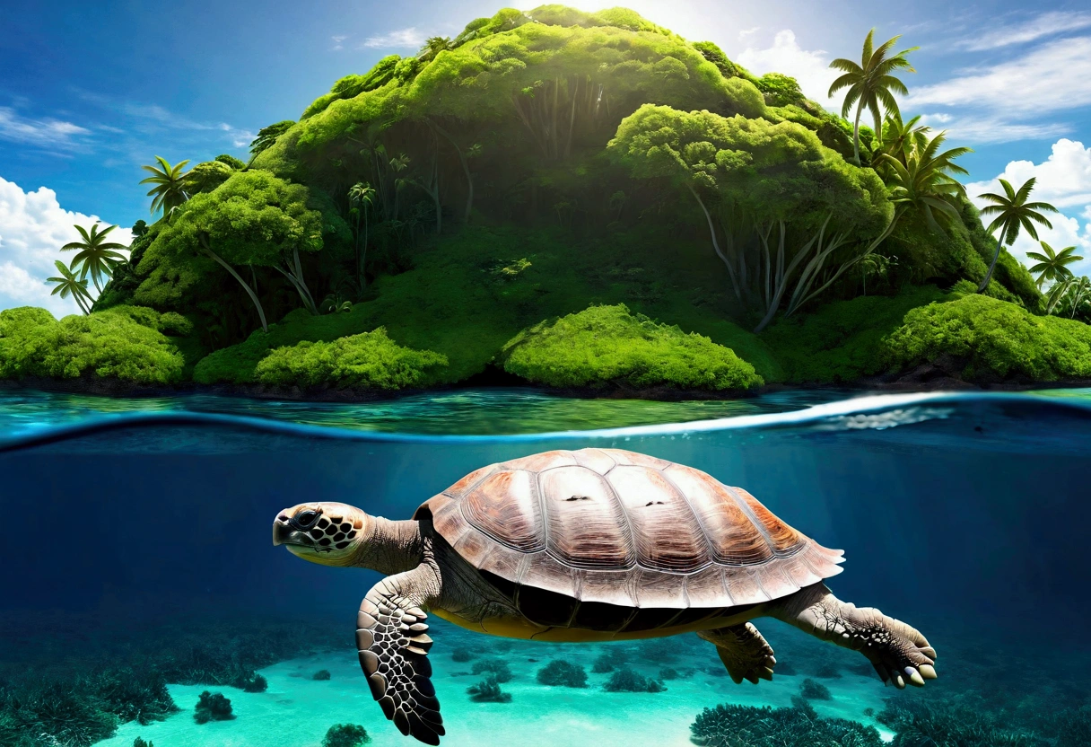 a giant tortoise swimming peacefully in a calm, tropical ocean, with a lush, verdant island resting atop its back, (best quality, 8k, highres, masterpiece:1.2), ultra-detailed, photorealistic, vibrant colors, dramatic lighting, intricate details, cinematic composition, fantasy, whimsical, awe-inspiring, serene atmosphere
