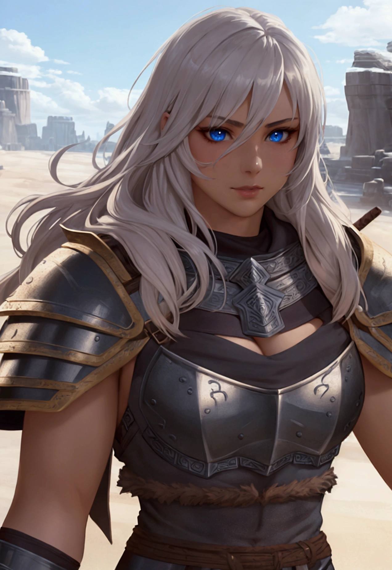 Masterpiece, best quality, brilliant details, cinematic lighting, exciting perspective, Barbarian armor, young pretty woman, beautiful face, perfect eyes, perfect proportions, norse type, tan skin, white hair, viking warrior, 