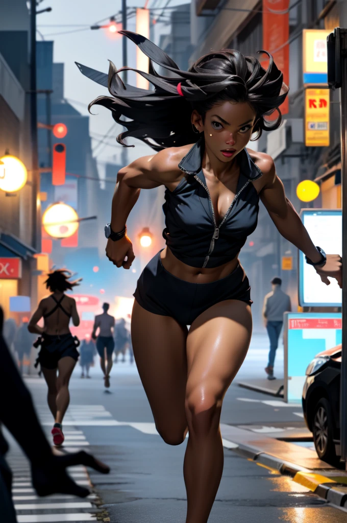 a woman running, semi naked at night, with hundreds of lascivious glances following her.