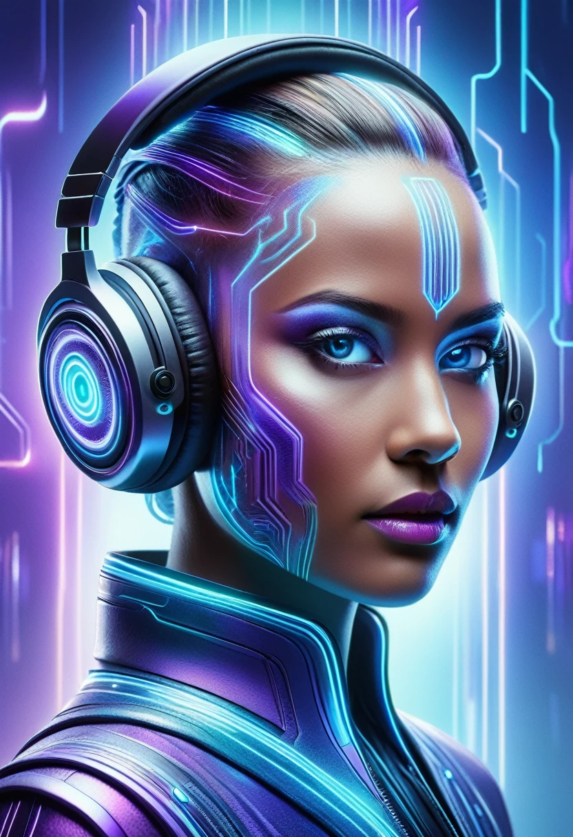 A highly detailed and vibrant image of a futuristic female DJ with headphones. The DJ's face is serene, with a mix of human and ethereal elements, glowing in shades of blue and purple. The background should be transparent, focusing solely on the DJ.
