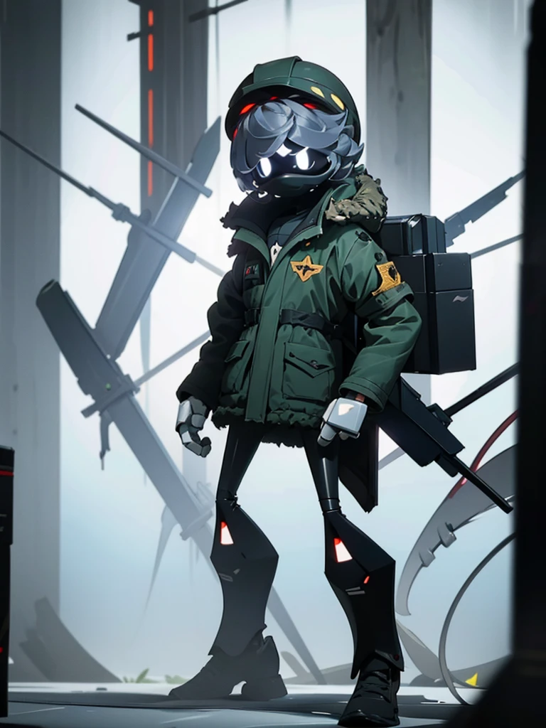 Male, Murder Drone, wearing modified tactical gear and full-face tactical mask, face concealed by mask, no visible face, standing at attention, hands in pockets, fully in frame, full body shot, facing viewer, lone figure, sole figure, alone, Murder Drones style