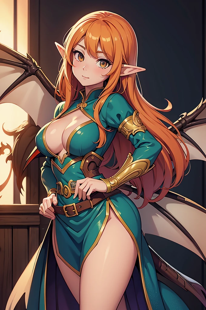 vintage anime elf girl with dragon wings, fantasy art style, extremely detailed artgerm, detailed digital anime art, anime fantasy illustration, beautiful character painting, anime in fantasy style, fantasy style art, anime fantasy artwork, artgerm on artstation pixiv, 2. 5 d cgi anime fantasy artwork, the dragon girl portrait, portrait of fairy, orange long hair, medium breast, hazel eyes 
